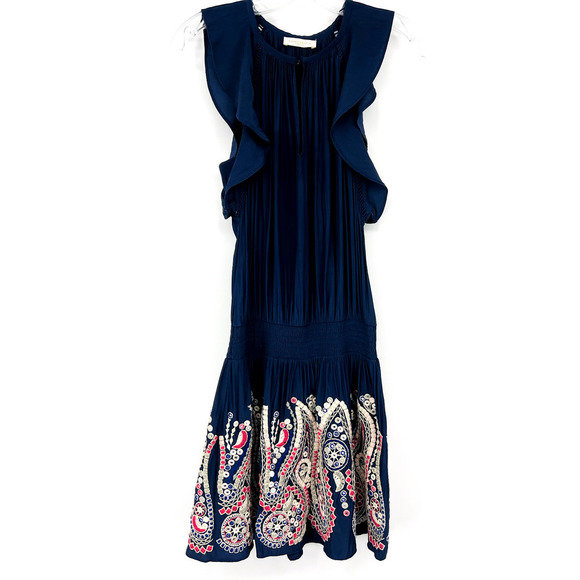 Ramy Brook Navy Blue Embroidered Smocked Waist Mini Dress size Small Flutter - Picture 2 of 10